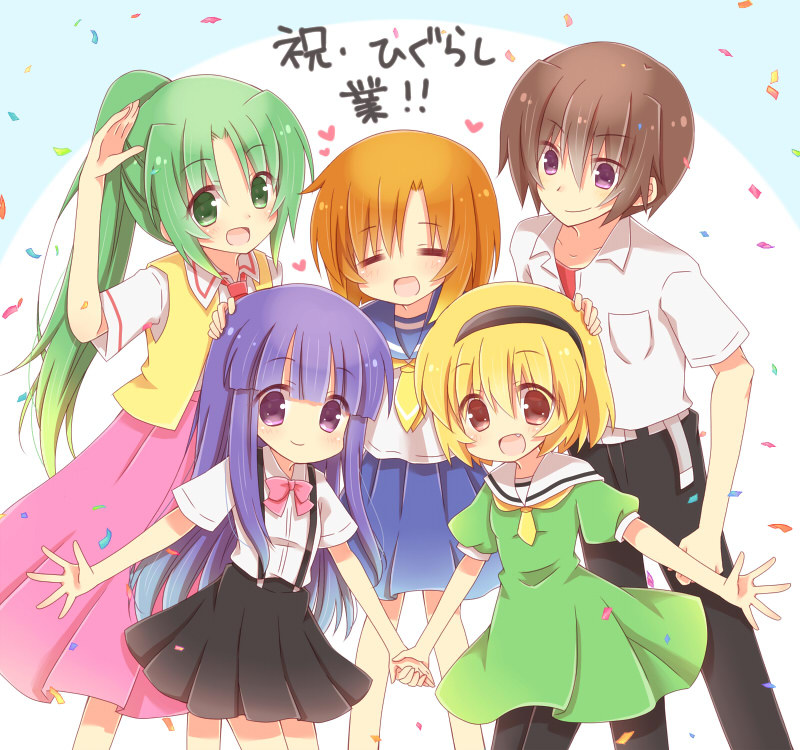 1boy 4girls aquaroom blonde_hair blue_eyes blue_hair bow bowtie brown_eyes brown_hair closed_eyes furude_rika green_eyes green_hair higurashi_no_naku_koro_ni holding_hands houjou_satoko long_skirt looking_at_viewer maebara_keiichi miniskirt multiple_girls orange_hair pink_neckwear red_neckwear ryuuguu_rena sailor_collar school_uniform serafuku shirt short_sleeves simple_background skirt smile sonozaki_mion standing suspenders violet_eyes white_shirt