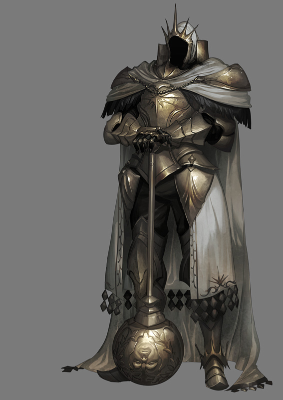 1other ambiguous_gender armor breastplate cape covered_face crown faulds full_body grey_background hands_on_hilt km_yama mace margot metal_boots official_art own_hands_together pauldrons shoulder_armor simple_background solo standing waist_cape watermark weapon white_cape