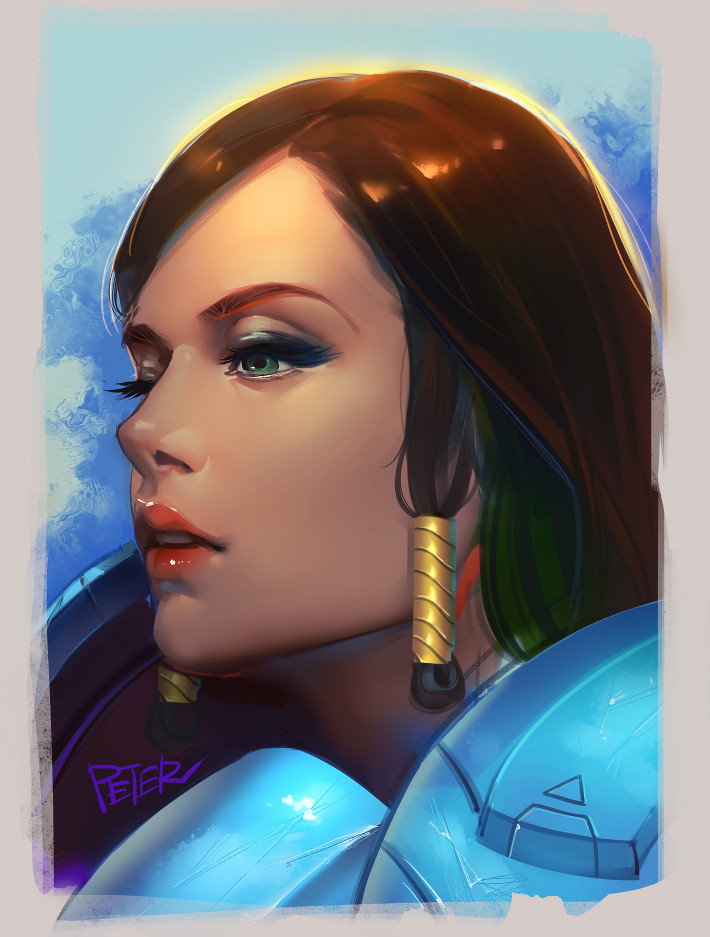 1girl armor artist_name bodysuit brown_hair dark_skin eyelashes face hair_tubes long_hair overwatch parted_lips pauldrons peter_xiao pharah_(overwatch) portrait power_armor shoulder_armor shoulder_pads solo upper_body