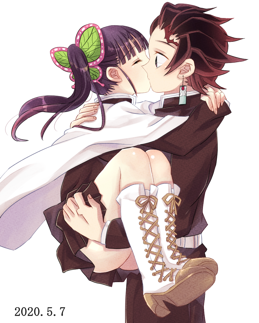 1boy 1girl bangs belt black_hair boots brown_eyes butterfly_hair_ornament cape carrying closed_eyes couple cross-laced_footwear dated facial_scar forehead_scar hair_ornament hetero hug japanese_clothes kamado_tanjirou kimetsu_no_yaiba kiss princess_carry scar shirokuma_(shiropan777) side_ponytail tsuyuri_kanao uniform white_cape white_footwear