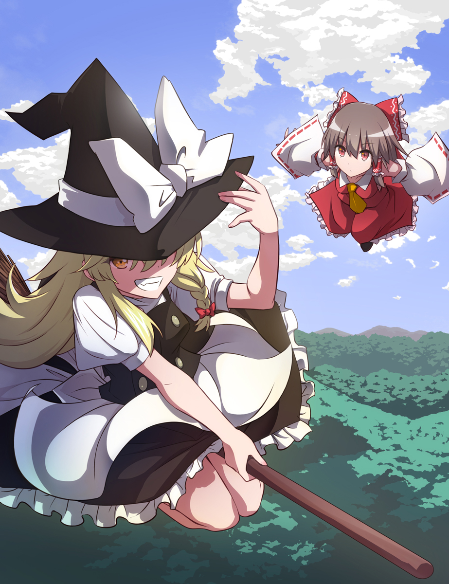 2girls apron black_headwear black_skirt black_vest blonde_hair blue_sky bow braid broom broom_riding brown_hair clouds commentary_request day detached_sleeves expressionless eyebrows_visible_through_hair flying forest grin hair_between_eyes hair_bow hair_tubes hakurei_reimu hand_on_headwear hat hat_over_one_eye hat_ribbon highres kirisame_marisa long_hair looking_at_viewer mountainous_horizon multiple_girls nature necktie otoufu_(wddkq314band) outdoors outstretched_arms petticoat puffy_short_sleeves puffy_sleeves red_eyes red_skirt red_vest ribbon ribbon-trimmed_sleeves ribbon_trim shirt short_sleeves sidelocks single_braid skirt sky smile spread_arms teeth touhou very_long_hair vest waist_apron white_shirt witch_hat yellow_eyes yellow_neckwear