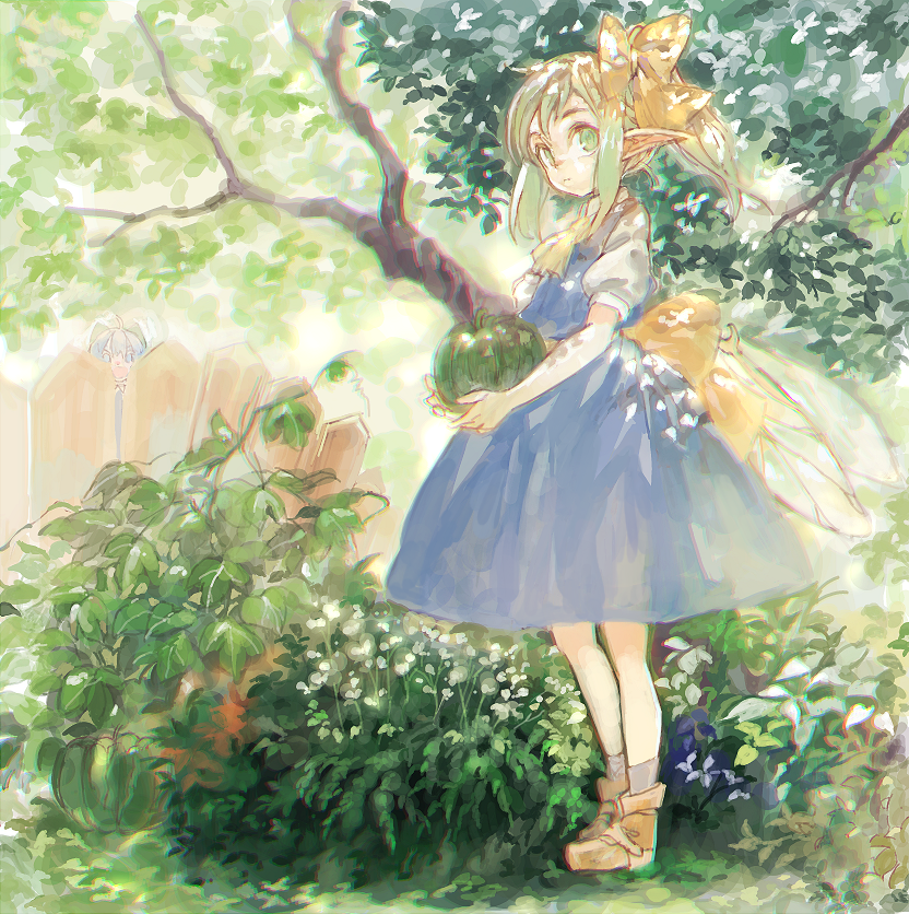 2girls back_bow blue_dress blue_eyes blue_hair bow brown_footwear cirno commentary_request daiyousei dappled_sunlight day dress fairy_wings fence full_body green_eyes green_hair hair_bow holding konabetate long_hair multiple_girls open_mouth outdoors plant pointy_ears shirt shoes short_hair side_ponytail socks solo_focus sunlight touhou tree white_legwear white_shirt wings yellow_bow