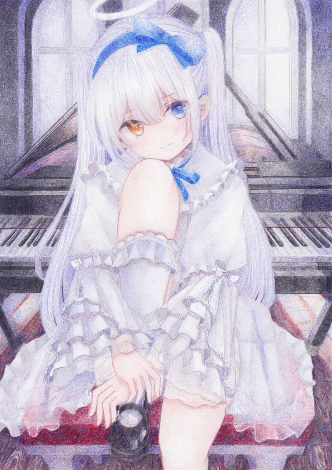 1girl angel bush colored_pencil_(medium) darkkanan dress frilled_dress frills graphite_(medium) hairband halo heterochromia highres indoors instrument kneehighs legs lolita_fashion looking_at_viewer mary_janes original piano see-through shoes silver_hair sitting socks solo thighs traditional_media twintails white_dress white_hair