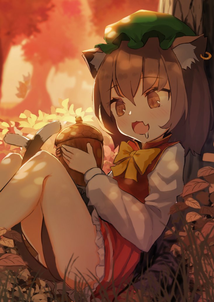 1girl :3 acorn against_tree animal_ear_fluff animal_ears autumn bangs between_legs blush bow bowtie brown_eyes brown_hair bush cat_ears cat_tail chen chinese_clothes commentary diamond-shaped_pupils diamond_(shape) dress drooling eyebrows_visible_through_hair fang food forest frilled_dress frilled_hat frills grass green_headwear hat holding holding_food jewelry knees_up long_sleeves mob_cap multiple_tails nature open_mouth outdoors oversized_object red_dress shirt short_hair single_earring sitting skin_fang slit_pupils solarisu solo symbol-shaped_pupils tail tail_between_legs touhou tree two_tails white_shirt yellow_bow yellow_neckwear