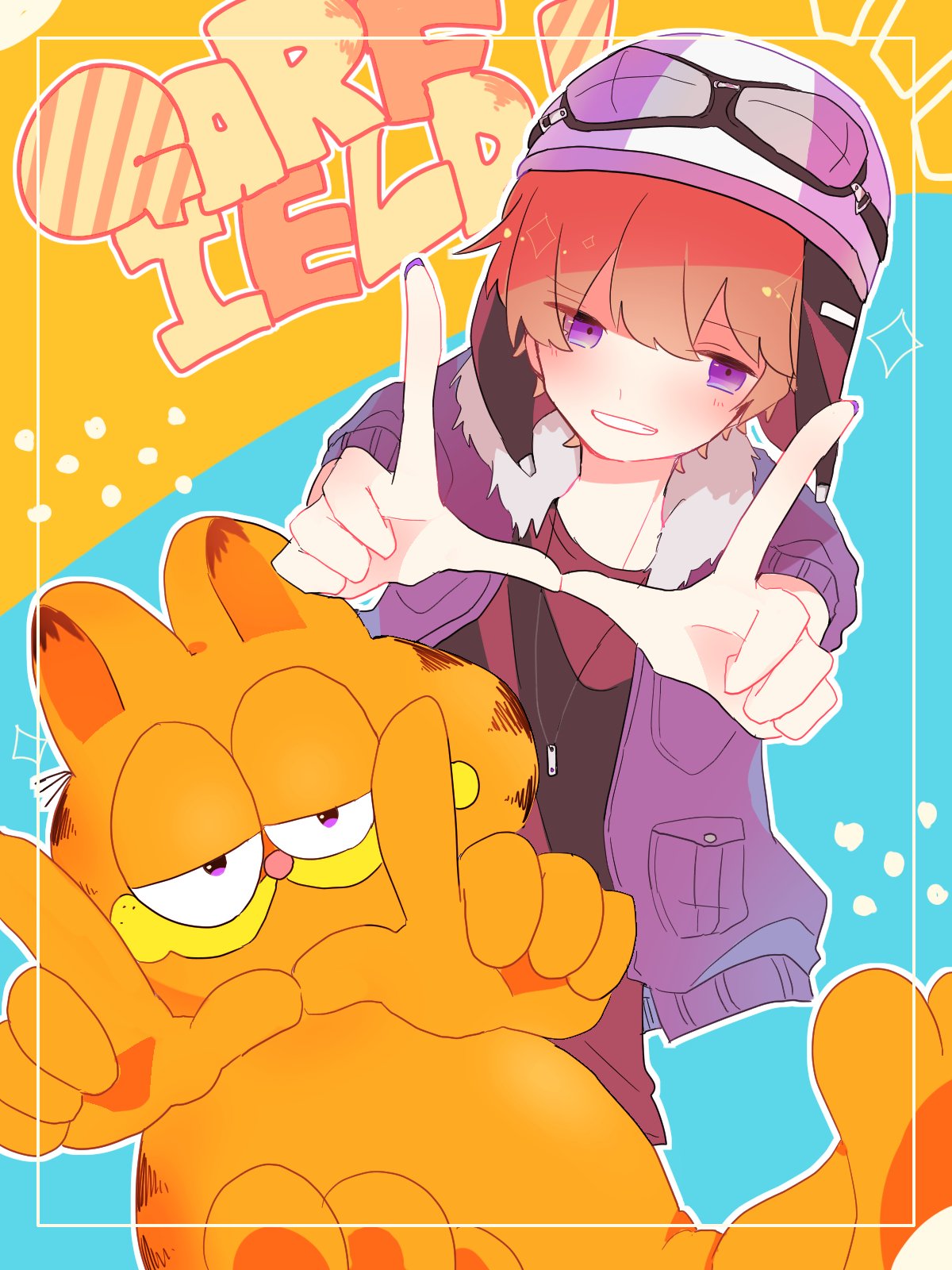 1boy 1girl animal_ears aviator_cap bangs black_shirt blush bomber_jacket border brown_hair cat cat_ears cat_tail character_name character_request commentary_request copyright_request ctake-san_isogashii dog_tags eyebrows_visible_through_hair finger_frame fur_trim garfield garfield_(character) goggles goggles_on_headwear grin hair_between_eyes half-closed_eyes highres jacket long_sleeves looking_at_viewer nail_polish orange_fur outline purple_jacket purple_nails shirt smile standing tail violet_eyes white_border white_outline