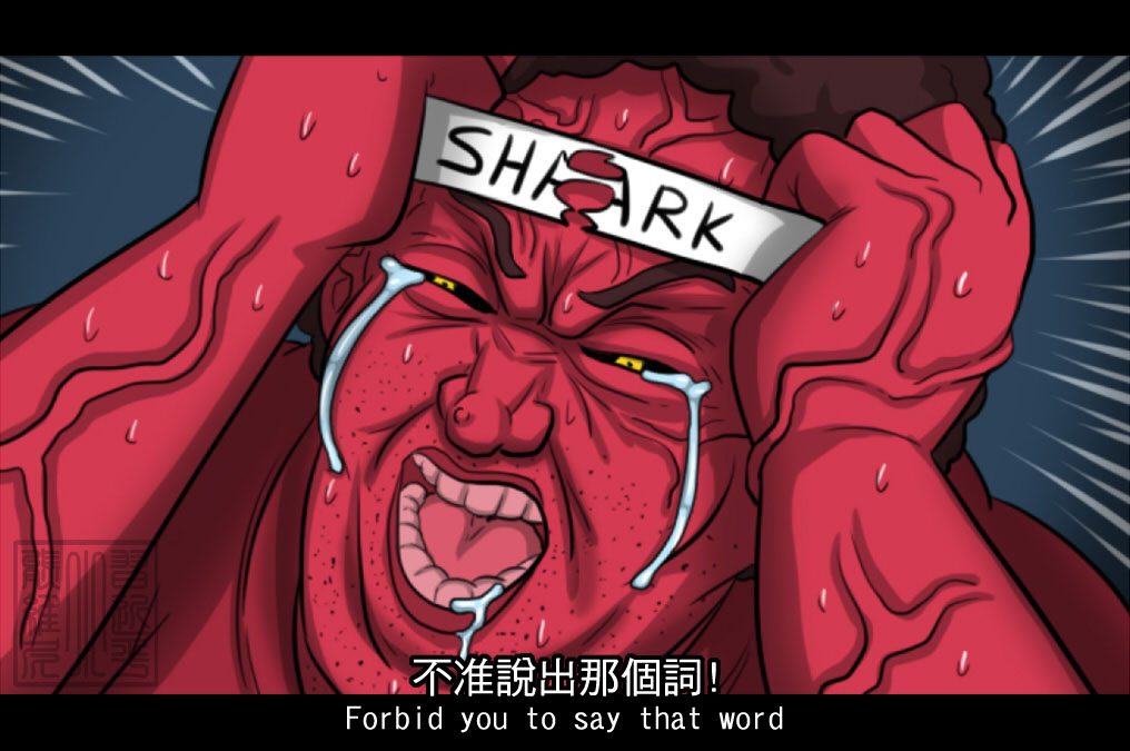 1boy angry angry_bilibili_shill_(dr._omonemushi) artist_logo black_border black_sclera border chinese_text clenched_hands crying crying_with_eyes_open dr._omonemushi emphasis_lines english_text facial_hair furious furrowed_eyebrows hands_on_own_face letterboxed male_focus original red_skin signature simple_background solo stubble subtitled sweat tears teeth thick_eyebrows torn_headband veins yellow_eyes