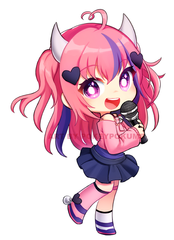 1girl black_skirt chibi commission holding holding_microphone horns indie_virtual_youtuber ironmouse microphone open_mouth pink_hair pokey skirt solo two_side_up violet_eyes virtual_youtuber watermark white_background