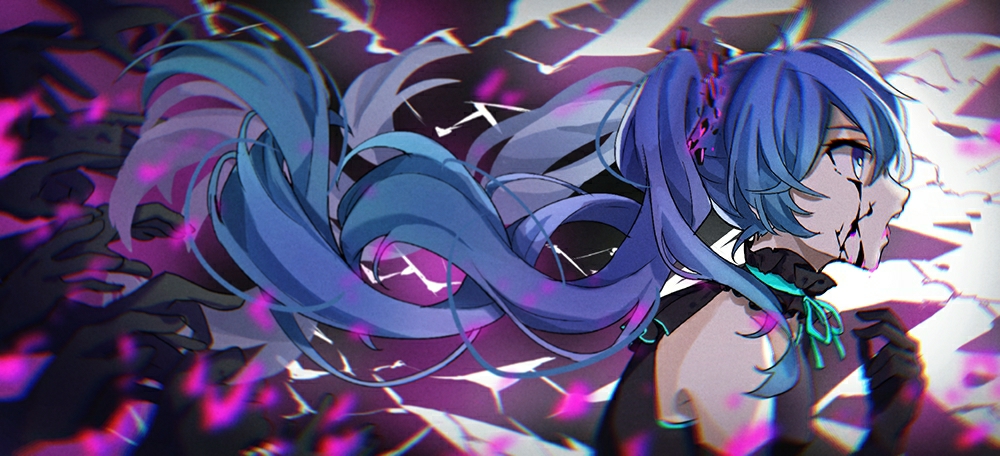 1girl black_gloves blue_eyes blue_hair blue_ribbon elbow_gloves floating_hair from_side ghost_rule_(vocaloid) gloves hatsune_miku long_hair neck_ribbon open_mouth portrait profile ribbon twintails upper_body very_long_hair vocaloid z6_(pixiv25406850)