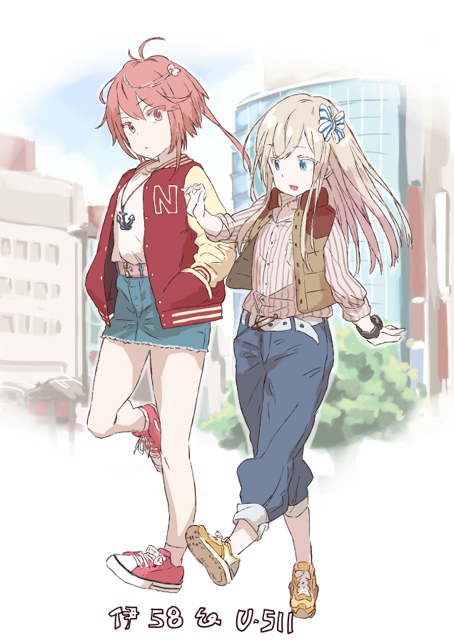 2girls alternate_costume anchor_necklace bangs belt blonde_hair blue_eyes character_name city closed_mouth denim denim_skirt hair_ornament hair_ribbon hands_in_pockets i-58_(kantai_collection) jacket jewelry kantai_collection leg_up long_hair matsutani multiple_girls necklace open_mouth outdoors pants pink_eyes pink_hair red_footwear ribbon shirt shoes short_hair skirt sneakers striped striped_shirt u-511_(kantai_collection) vest walking watch watch yellow_footwear