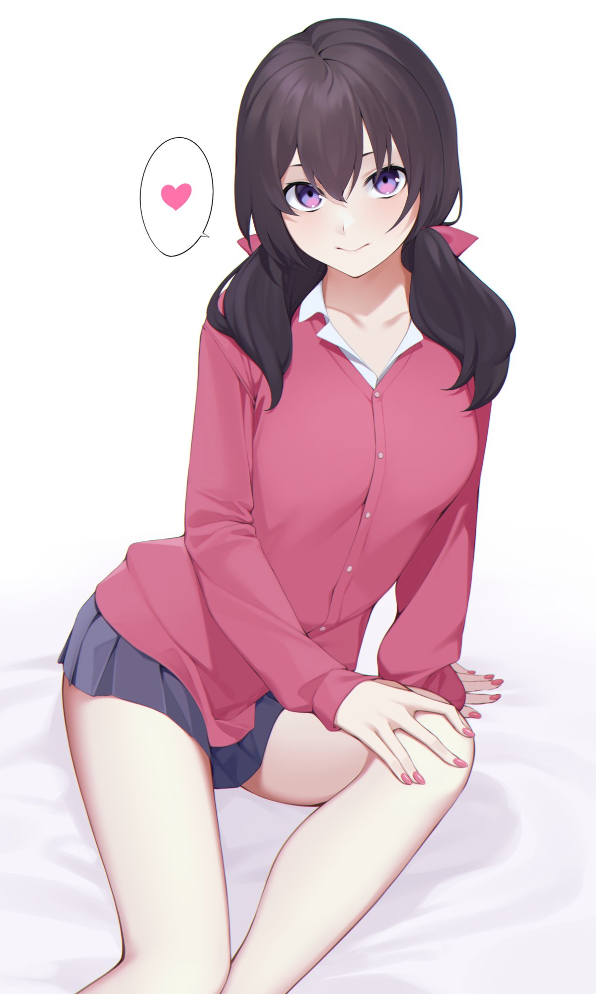 1girl arm_support bangs bare_legs bed_sheet blue_skirt bow brown_hair closed_mouth collarbone collared_shirt eyelashes fingernails hair_between_eyes hair_bow hair_over_shoulder hand_on_own_knee heart highres jacket kuen_(kuennn12) long_hair long_sleeves looking_at_viewer low_twintails miniskirt nail_polish open_collar original pink_bow pink_jacket pink_nails shiny shiny_hair shirt simple_background sitting skirt sleeves_past_wrists smile solo speech_bubble symbol_commentary twintails violet_eyes white_background white_shirt wing_collar