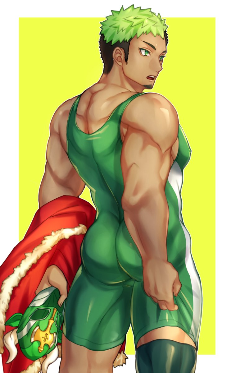 1boy ass ass_focus bara bare_shoulders black_hair clothes_pull dark_skin dark_skinned_male facial_hair from_behind goatee gozu_farm green_eyes green_hair highres looking_to_the_side male_focus multicolored_hair muscle short_hair sideburns solo taurus_mask thick_thighs thighs tight tokyo_houkago_summoners two-tone_hair wrestling_mask wrestling_outfit