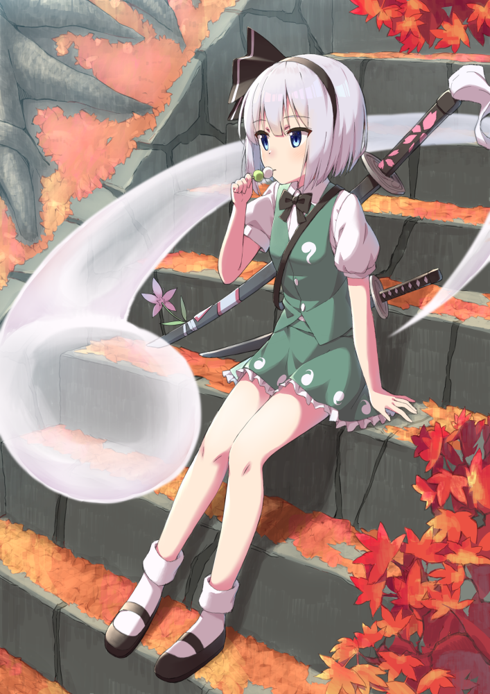 1girl autumn_leaves bangs black_footwear black_neckwear blue_eyes bob_cut bobby_socks bow bowtie breasts commentary_request dango eating expressionless eyebrows_visible_through_hair flower food green_skirt green_vest hair_ribbon kochi_michikaze konpaku_youmu konpaku_youmu_(ghost) leaf looking_to_the_side maple_leaf mary_janes partial_commentary puffy_short_sleeves puffy_sleeves ribbon sanshoku_dango scabbard sheath shirt shoes short_hair short_sleeves silver_hair skirt small_breasts socks solo stairs sword touhou vest wagashi weapon white_legwear white_shirt