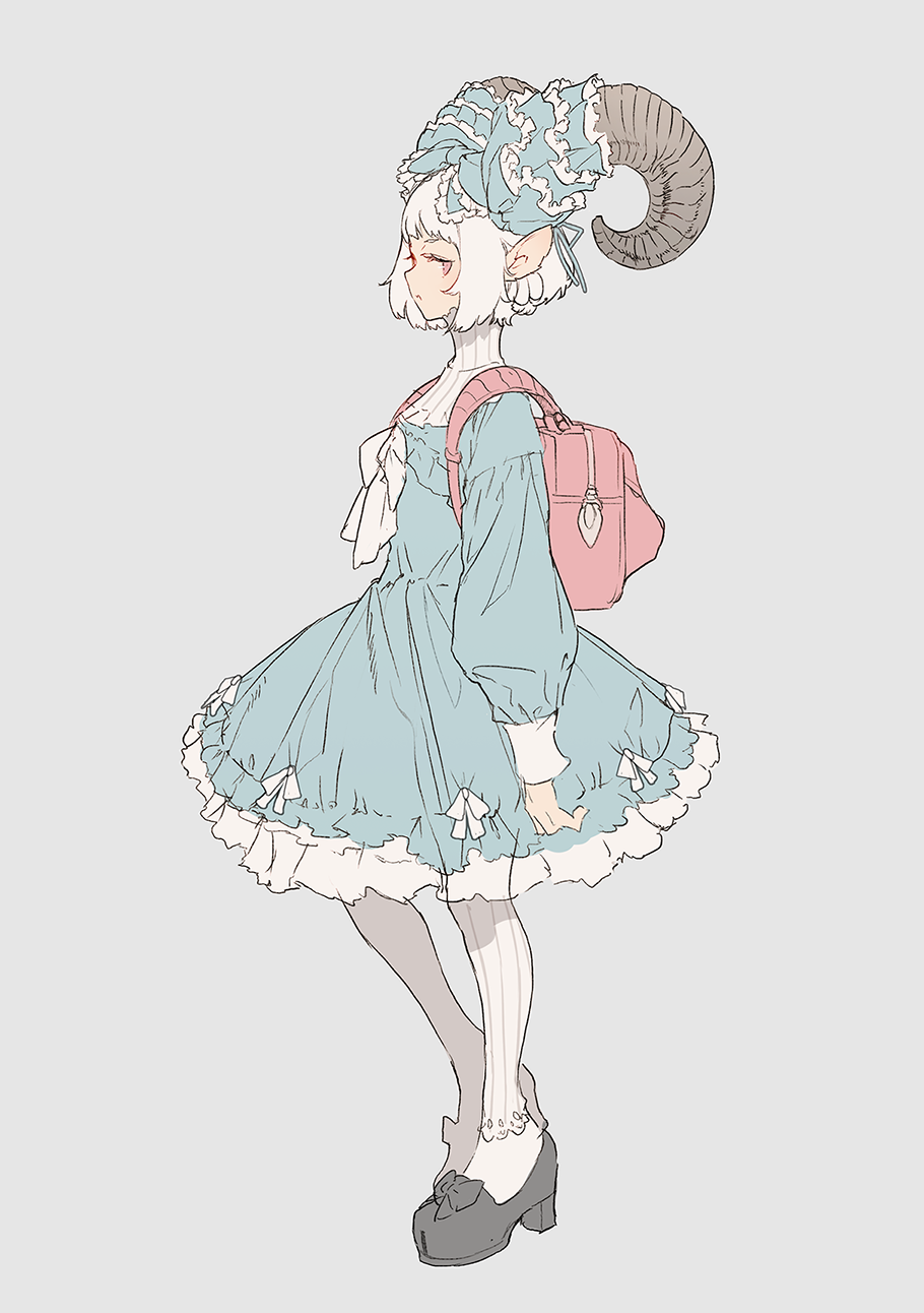 1girl animal_ears aqua_dress bangs dress full_body goat_ears goat_horns grey_background highres horns long_sleeves mogumo original pink_eyes profile red_backpack shoes short_hair simple_background solo standing white_hair white_legwear