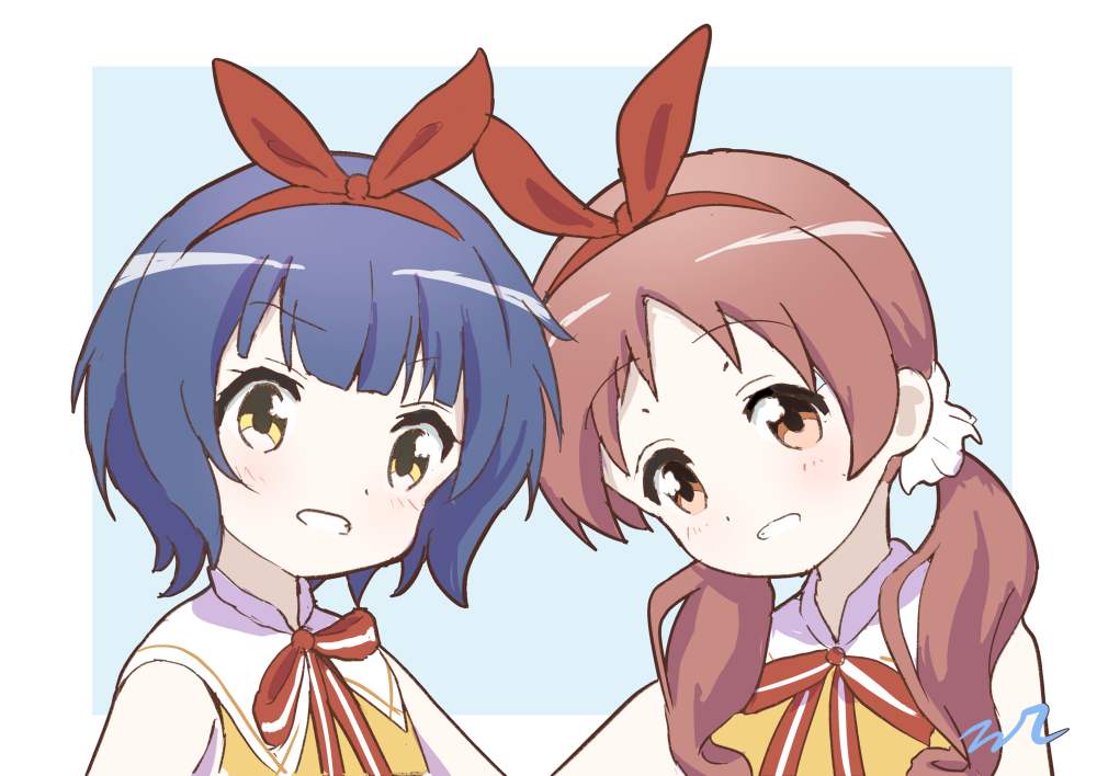 2girls aayh bangs blue_background blue_hair blush bow brown_eyes brown_hair commentary_request eyebrows_visible_through_hair gochuumon_wa_usagi_desu_ka? grin hair_ribbon hairband jouga_maya long_hair looking_at_viewer low_twintails multiple_girls natsu_megumi red_bow red_hairband red_ribbon ribbon shirt signature smile sweater_vest twintails two-tone_background white_background white_shirt yellow_eyes