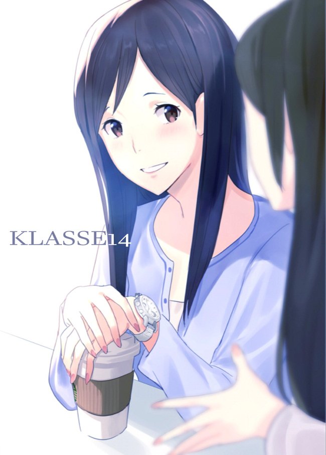 2girls black_hair blue_shirt blurry blurry_foreground brown_eyes copyright_name depth_of_field fingernails hands_up klasse14 km_yama long_hair long_sleeves looking_at_another looking_at_viewer multiple_girls own_hands_together pink_nails shirt smile solo_focus watch watch