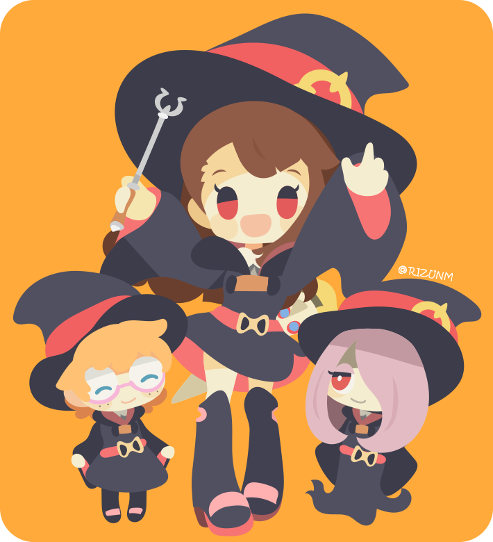 3girls :d arms_up belt black_dress black_footwear black_headwear blonde_hair blush_stickers boots brown_hair chibi closed_mouth commentary dress eyeshadow freckles full_body glasses hair_over_one_eye happy hat holding holding_wand kagari_atsuko light_purple_hair little_witch_academia long_hair looking_at_viewer lotte_jansson luna_nova_school_uniform makeup multiple_girls open_mouth orange_background red_eyes rizu_(rizunm) round_eyewear school_uniform semi-rimless_eyewear short_dress short_hair simple_background size_difference sleeves_past_fingers sleeves_past_wrists smile standing sucy_manbavaran twitter_username under-rim_eyewear wand wide_sleeves witch witch_hat