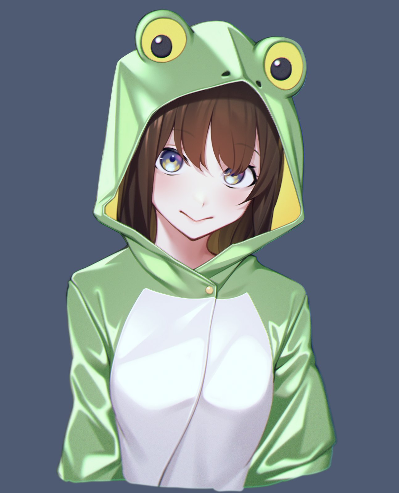 1girl animal_hood bangs blush brown_hair closed_mouth cropped_torso eyelashes frog_hood frog_raincoat green_hood grey_background highres hood hood_up kuen_(kuennn12) long_hair long_sleeves looking_at_viewer original raincoat simple_background smile solo yellow_eyes