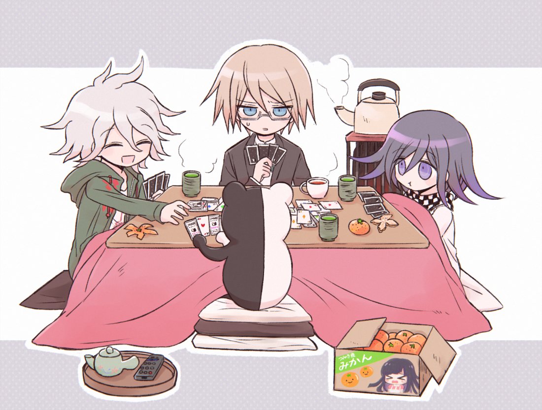 3boys 8takenokonosato8 :t bangs bear blonde_hair blue_eyes box card checkered checkered_neckwear checkered_scarf closed_eyes controller cup cushion dangan_ronpa dangan_ronpa_1 food fruit glasses jacket kettle komaeda_nagito kotatsu long_sleeves male_focus monokuma multiple_boys new_dangan_ronpa_v3 open_mouth orange ouma_kokichi playing_card purple_hair remote_control scarf simple_background sitting steam super_dangan_ronpa_2 sweat table teacup togami_byakuya tray tsumiki_mikan two-tone_background violet_eyes white_hair yunomi