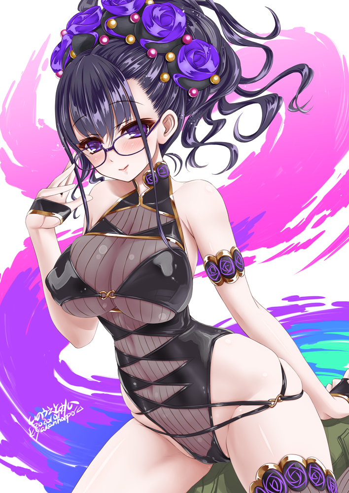 1girl armlet black_hair black_swimsuit blush breasts closed_mouth cowboy_shot fate/grand_order fate_(series) glasses hair_ornament inoue_tomii large_breasts looking_at_viewer multicolored multicolored_background murasaki_shikibu_(fate) murasaki_shikibu_(swimsuit_rider)_(fate) signature smile solo swimsuit violet_eyes