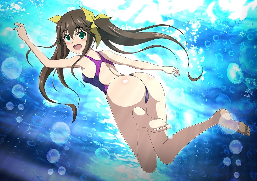 1girl :d arm_up ass bangs barefoot blue_swimsuit bow breasts brown_hair competition_swimsuit eyebrows_visible_through_hair floating_hair from_behind full_body green_eyes hair_between_eyes hair_bow huang_lingyin infinite_stratos kuroda_ariake long_hair looking_at_viewer looking_back one-piece_swimsuit open_mouth shiny shiny_hair shiny_skin small_breasts smile soles solo swimsuit underwater very_long_hair yellow_bow