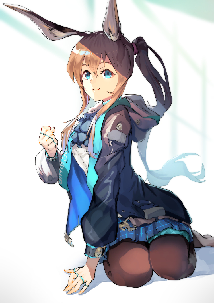 1girl amiya_(arknights) animal_ears arknights ascot bangs belt black_jacket blue_eyes blue_skirt brown_hair brown_legwear checkered checkered_skirt commentary frilled_ascot frills hair_between_eyes high_ponytail ibaraki_shun jacket long_hair long_sleeves looking_at_viewer multiple_rings open_clothes open_jacket pantyhose pleated_skirt pouch rabbit_ears seiza sitting skirt smile solo white_background