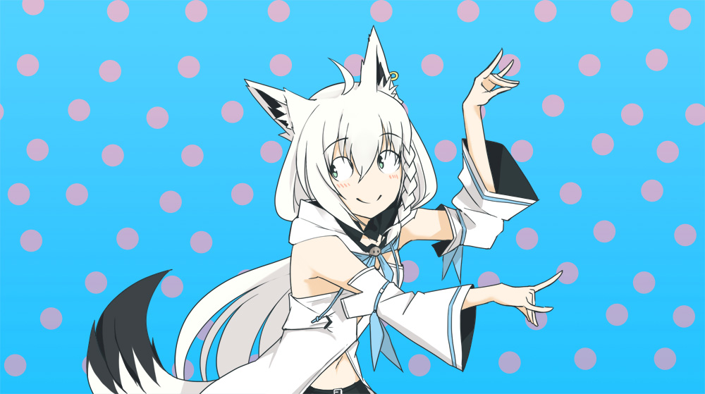 1girl ahoge animal_ears blue_background blue_eyes blush braid breasts closed_mouth commentary detached_sleeves earrings eizouken_ni_wa_te_wo_dasu_na! eyebrows_visible_through_hair fox_ears fox_shadow_puppet fox_tail hair_between_eyes hololive hopper jewelry long_hair looking_to_the_side midriff navel parody patterned_background polka_dot polka_dot_background pose shirakami_fubuki side_braid simple_background small_breasts smile solo tail upper_body virtual_youtuber white_hair white_hoodie wide_sleeves