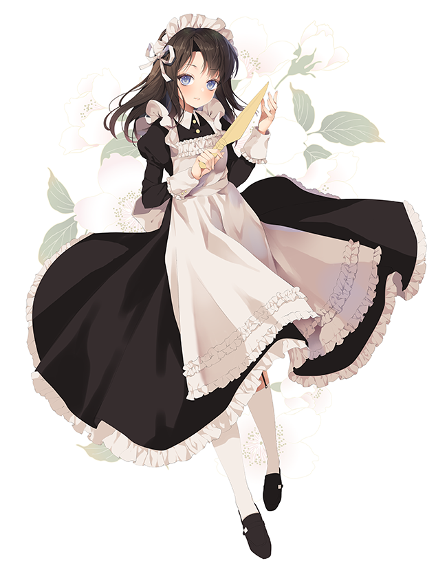 1girl apron blue_eyes brown_hair floating holding holding_knife knife korean_commentary light_blush looking_to_the_side maid_apron maid_headdress moi_(latte_art) original solo