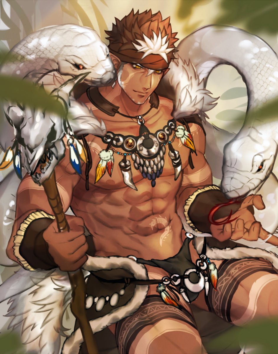 1boy abs bara bare_chest black_briefs brown_hair bulge chest dark_skin dark_skinned_male facial_hair goatee gozu_farm headband highres male_focus multicolored_hair muscle navel nipples o-ring o-ring_bottom pointy_ears revealing_clothes short_hair sideburns snake solo spiky_hair tangaroa tattoo thick_thighs thighs tokyo_houkago_summoners tooth_necklace tribal_tattoo two-tone_hair white_hair yellow_eyes