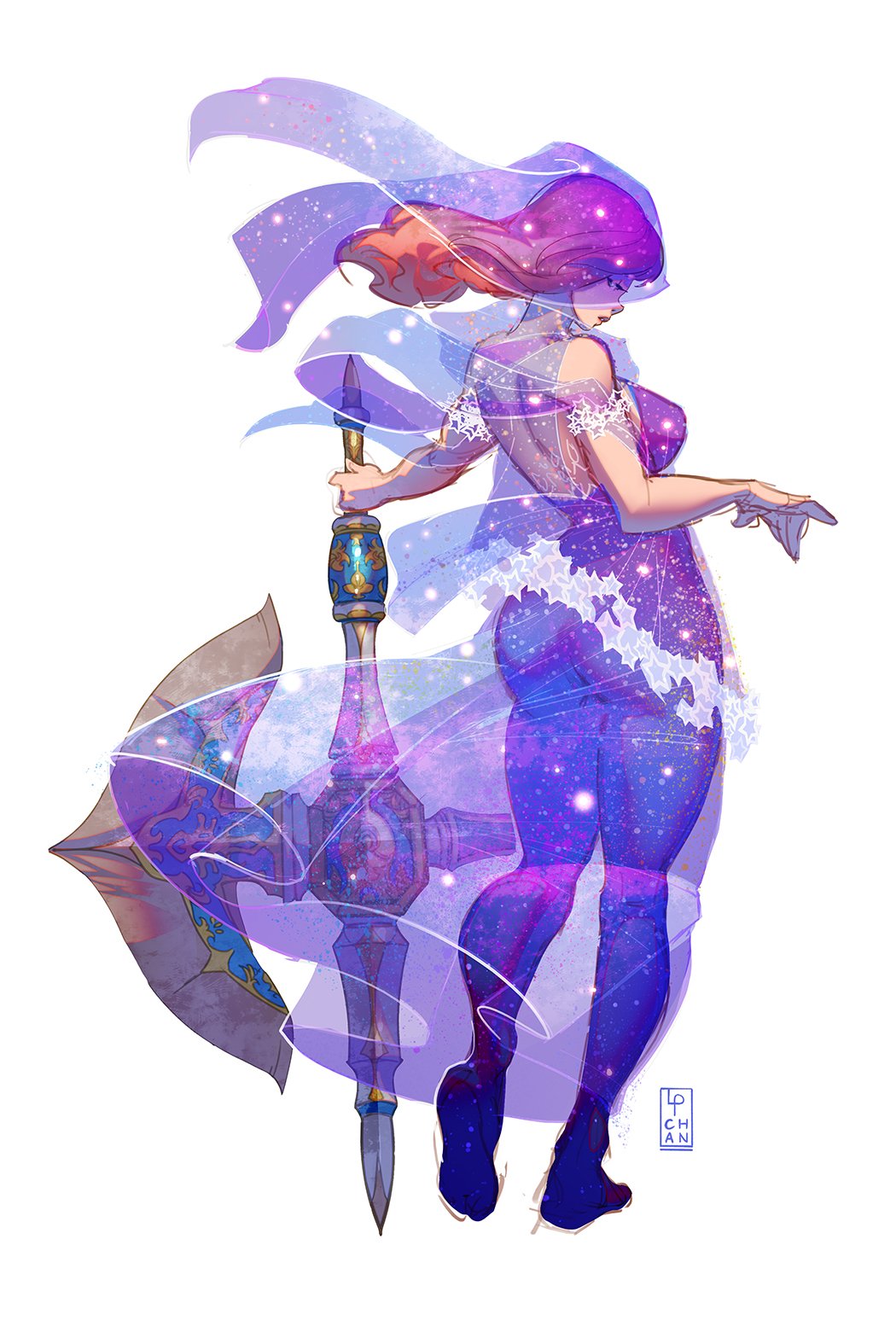 1girl ass astral_(armor) axe back breasts brown_hair cloak dress highres large_breasts long_hair looking_at_viewer looking_back monster_hunter monster_hunter:_world pants pechan see-through simple_background solo standing tight tight_pants white_background
