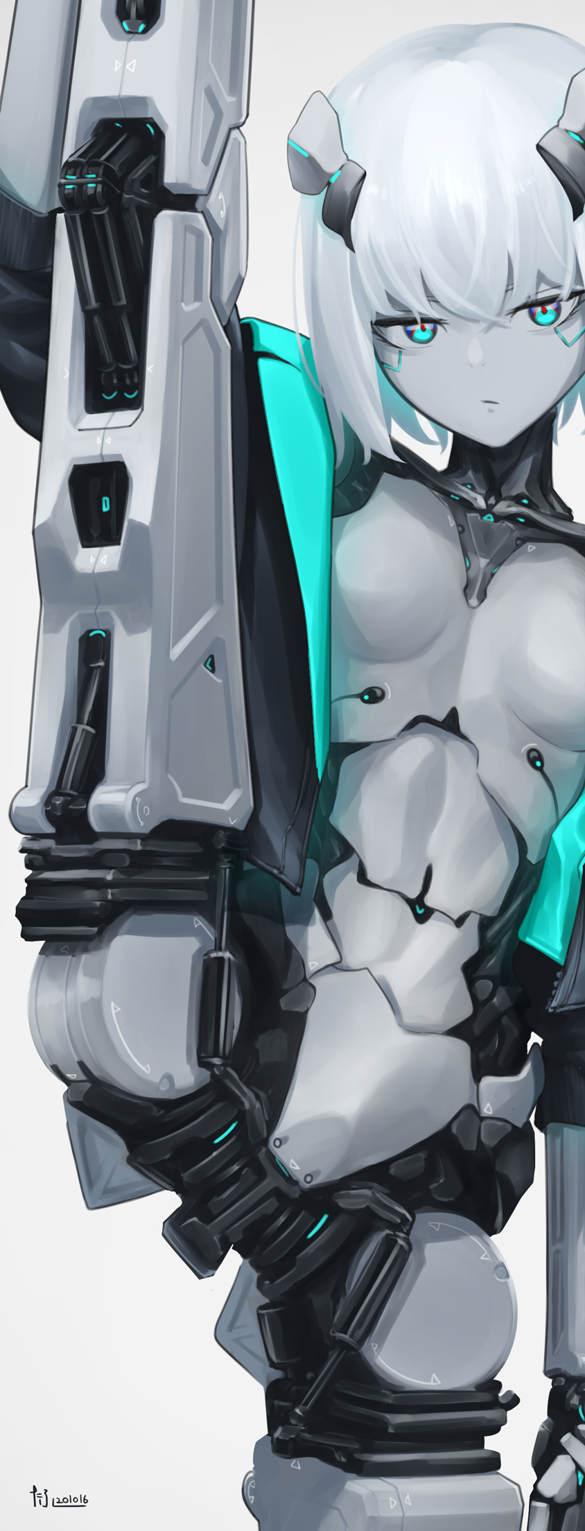 1girl android aqua_eyes arm_at_side blue_eyes breasts collarbone commentary_request cropped cropped_jacket expressionless grey_background grey_skin highres humanoid_robot jacket joints leg_up looking_at_viewer multicolored multicolored_eyes open_clothes open_jacket original piston robot robot_joints short_hair small_breasts solo split standing standing_on_one_leg standing_split tafuu_(tortafu) white_hair
