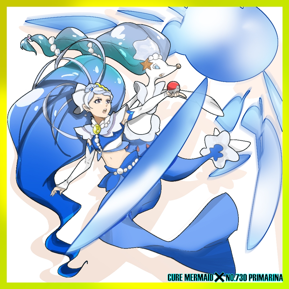 1girl crossover cure_mermaid go!_princess_precure kaidou_minami luyuxuan24 magical_girl poke_ball poke_ball_(basic) pokemon pokemon_(creature) precure primarina