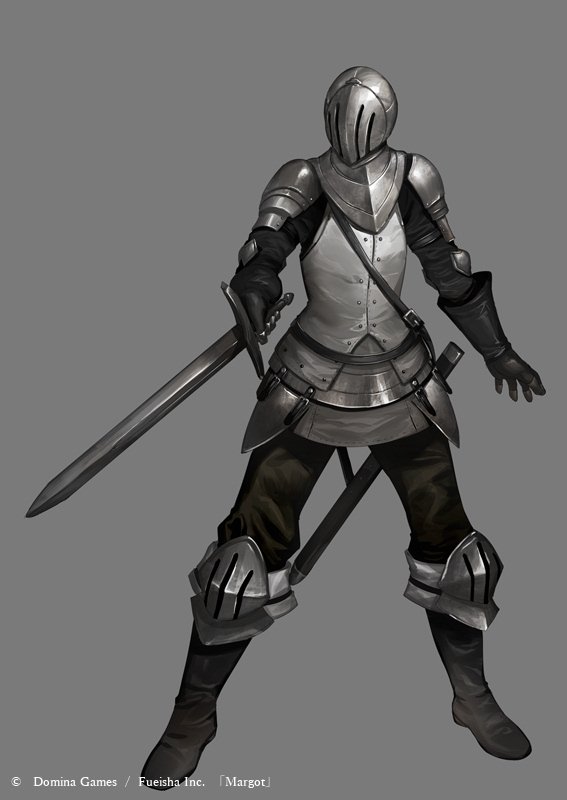 1other ambiguous_gender armor brown_footwear brown_pants covered_face faulds full_armor full_body gorget grey_background helmet holding holding_sword holding_weapon km_yama knee_pads margot official_art pants simple_background solo sword watermark weapon