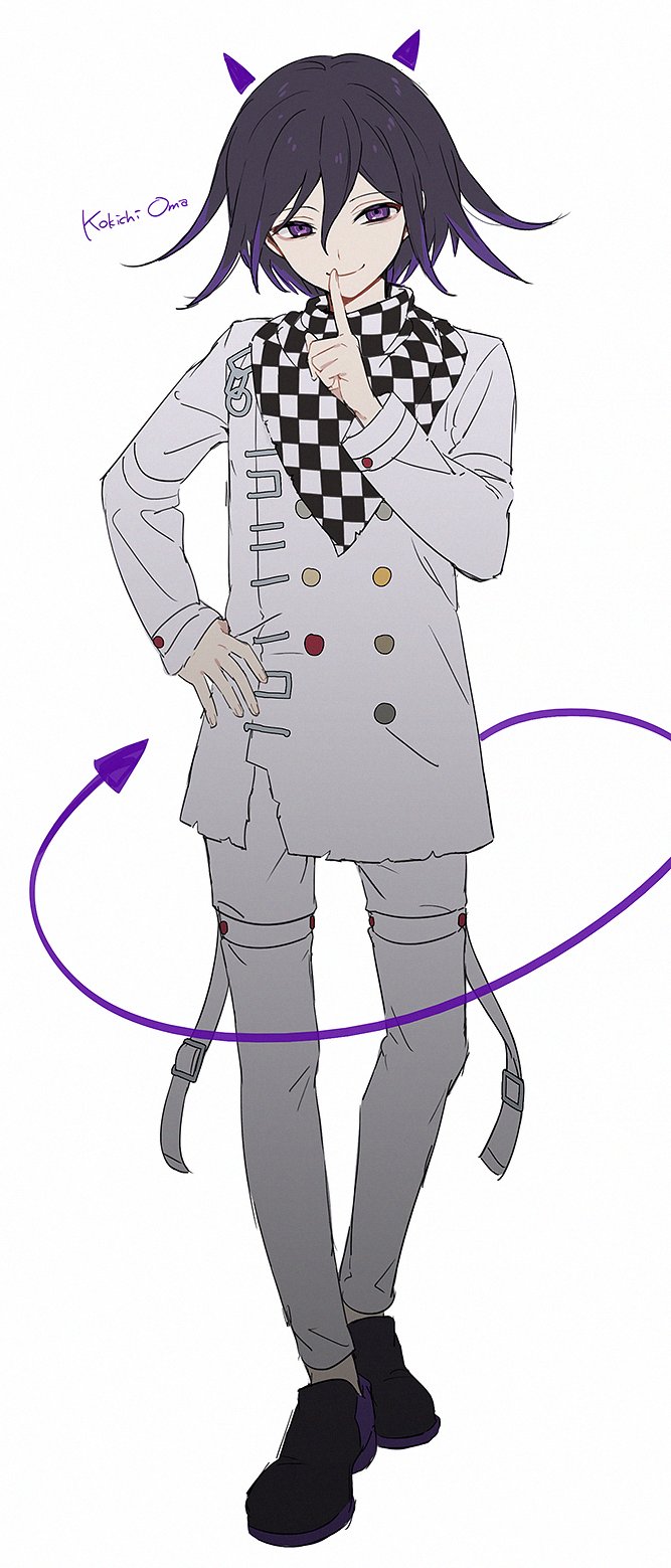 1boy black_hair character_name checkered checkered_neckwear checkered_scarf dangan_ronpa finger_to_mouth full_body hair_between_eyes hand_on_hip highres horns index_finger_raised io_(sinking=carousel) long_sleeves male_focus new_dangan_ronpa_v3 ouma_kokichi scarf simple_background smile solo standing straitjacket tail violet_eyes white_background