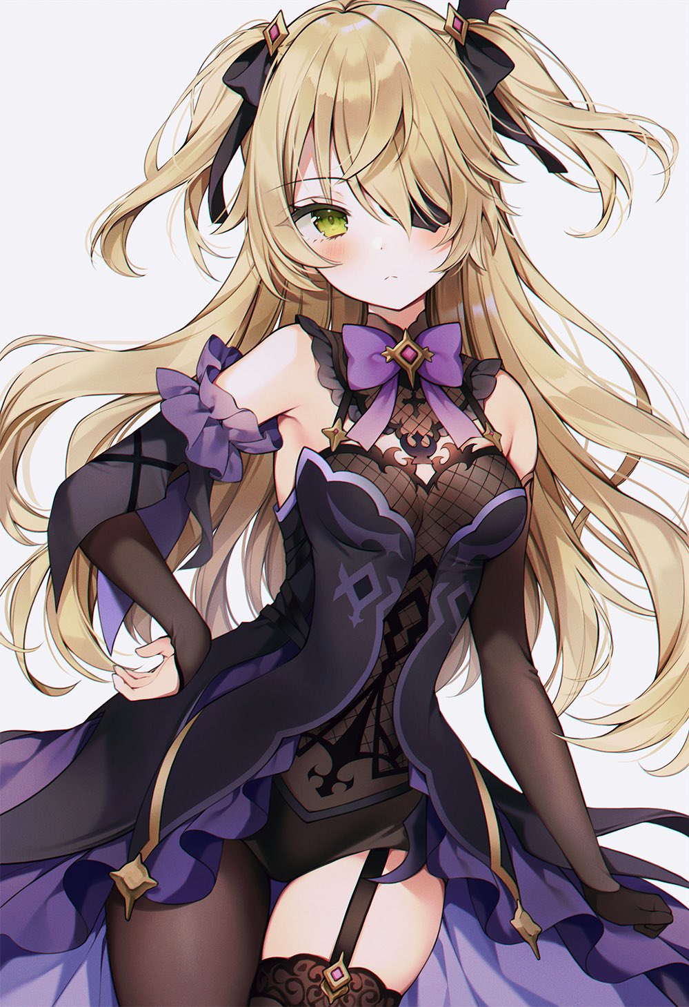 1girl bare_shoulders black_dress black_gloves blonde_hair bodystocking bow bowtie breasts closed_mouth cowboy_shot detached_sleeves dress eyepatch fischl_(genshin_impact) garter_straps genshin_impact gloves green_eyes hair_over_one_eye hair_ribbon hand_on_hip highres long_hair looking_at_viewer ribbon simple_background single_glove single_leg_pantyhose single_thighhigh small_breasts solo thigh-highs two_side_up weri white_background