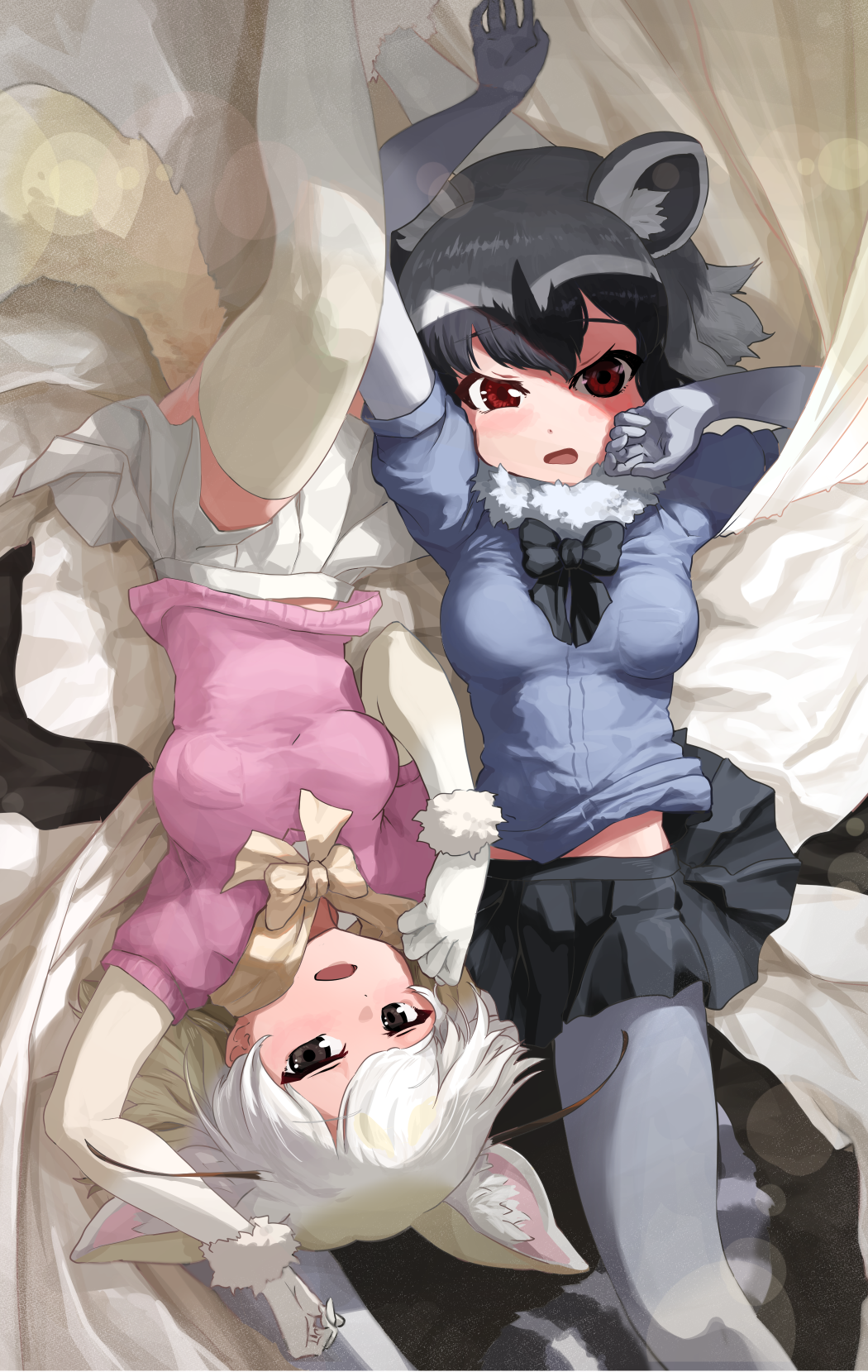 2girls animal_ears arm_up arms_up bangs black_eyes black_hair black_skirt blonde_hair blue_sweater bow bowtie breast_pocket breasts brown_hair common_raccoon_(kemono_friends) elbow_gloves extra_ears feet_out_of_frame fennec_(kemono_friends) fox_ears fox_girl fox_tail from_above fur_collar fur_trim gloves grey_hair hand_up highres kemono_friends looking_at_viewer lying medium_hair meraton midriff_peek miniskirt multicolored_hair multiple_girls on_back open_mouth pantyhose parted_bangs pink_sweater pleated_skirt pocket raccoon_ears raccoon_girl raccoon_tail red_eyes short_sleeve_sweater short_sleeves side-by-side skirt smile stomach sweater tail taut_clothes thigh-highs upside-down white_hair white_skirt yellow_legwear zettai_ryouiki
