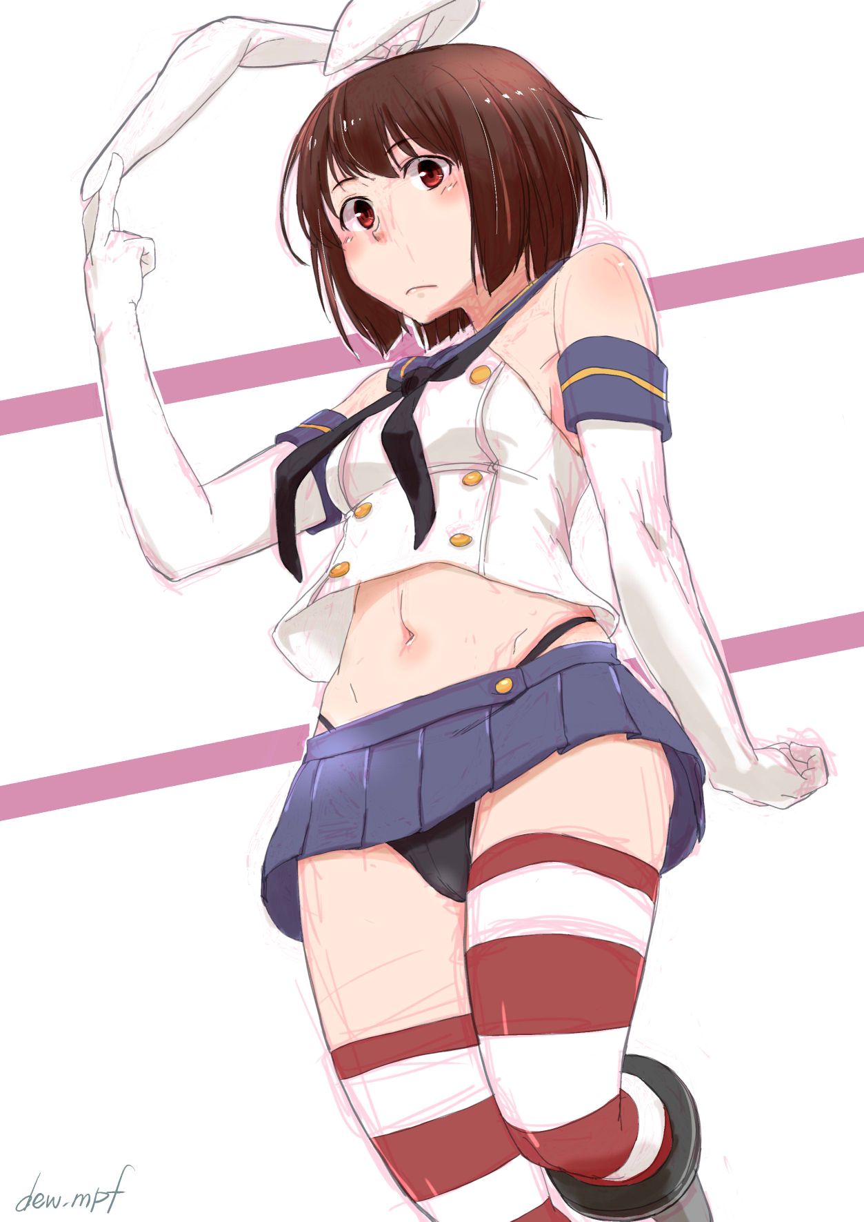 1girl black_neckwear black_panties blue_sailor_collar blue_skirt brown_hair cosplay cowboy_shot crop_top elbow_gloves embarrassed gloves highleg highleg_panties highres hyuuga_(kantai_collection) kantai_collection kote_(dew) looking_at_viewer microskirt miniskirt panties red_eyes sailor_collar shimakaze_(kantai_collection) shimakaze_(kantai_collection)_(cosplay) short_hair skirt solo striped striped_legwear thigh-highs underwear white_gloves