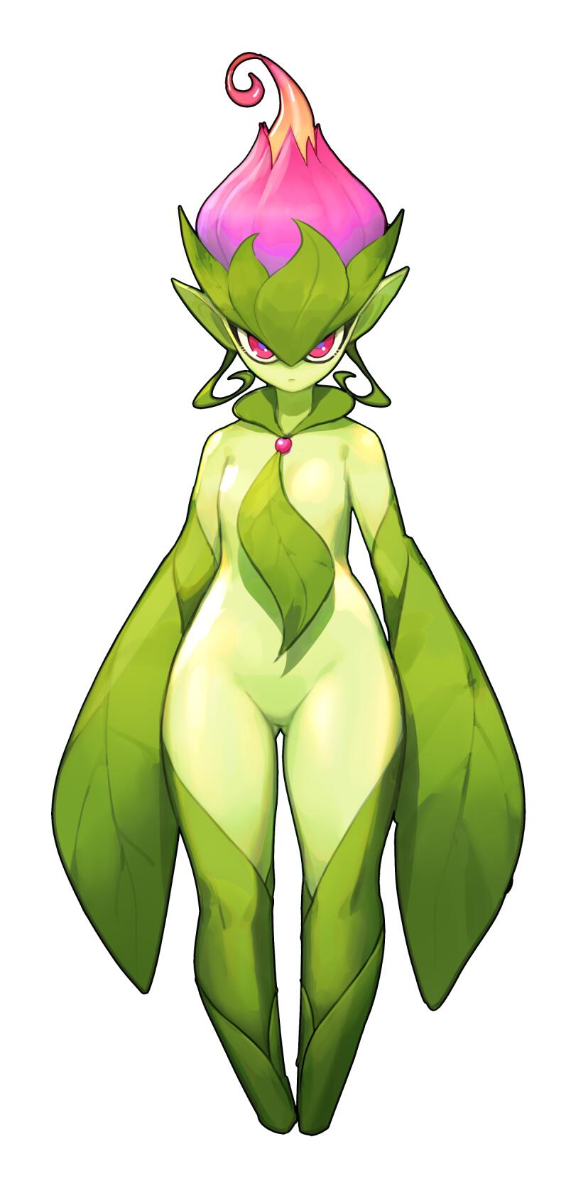 1girl ass_visible_through_thighs closed_mouth flat_chest full_body gorgeous_mushroom green_skin grey_skin highres looking_at_viewer monster_girl no_feet no_nipples no_pussy nude original pink_eyes plant_girl pointy_ears simple_background solo standing white_background