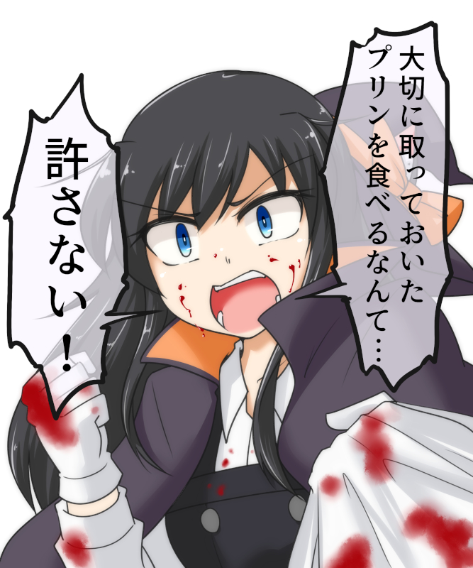1girl angry asashio_(kantai_collection) black_cape black_hair blood blue_eyes cape commentary_request dress gloves grabbing kantai_collection konokiya long_hair long_sleeves open_mouth pinafore_dress shirt simple_background solo teeth translation_request upper_body white_background white_gloves white_shirt