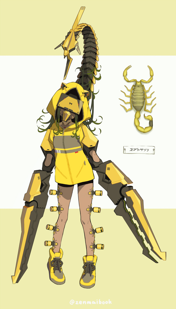 1girl claws covered_face curly_hair dark_skin full_body hood hood_up jacket mecha_musume original scorpion scorpion_girl scorpion_tail shoes short_sleeves shorts solo tail yellow_jacket zenmaibook