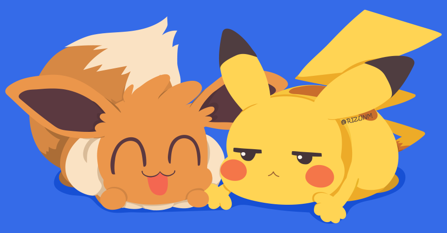 :&lt; :d ^_^ blue_background closed_eyes closed_mouth commentary eevee english_commentary facing_viewer gen_1_pokemon gotcha! happy looking_to_the_side lying no_humans on_stomach open_mouth pikachu pokemon pokemon_(creature) rizu_(rizunm) simple_background smile twitter_username