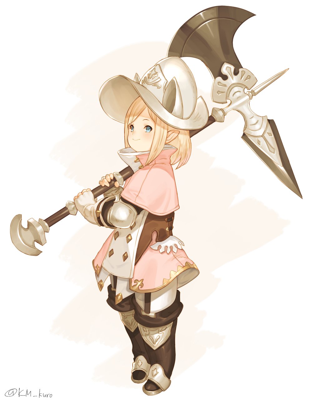 axe blonde_hair blue_eyes bob_cut boots brown_footwear closed_mouth commission double-breasted final_fantasy final_fantasy_xiv from_side full_body highres holding holding_axe holding_weapon km_yama lalafell looking_at_viewer looking_to_the_side morion over_shoulder pantyhose pink_capelet pink_skirt pointy_ears short_hair skeb_commission skirt smile suspender_boots twitter_username weapon weapon_over_shoulder white_legwear