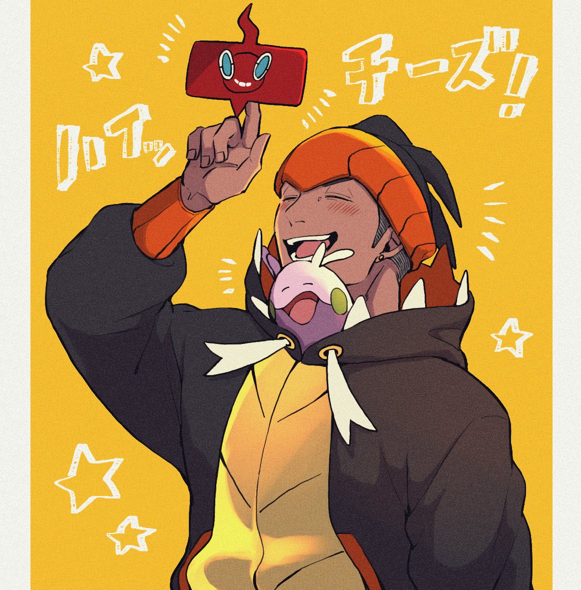 1boy black_hair black_hoodie blush closed_eyes commentary_request dark_skin dark_skinned_male earrings fingernails gen_4_pokemon gen_6_pokemon goomy gym_leader hanako_(hanahanako03) hood hood_down jewelry long_sleeves open_mouth orange_headwear pokemon pokemon_(creature) pokemon_(game) pokemon_swsh raihan_(pokemon) rotom rotom_phone smile star_(symbol) tongue