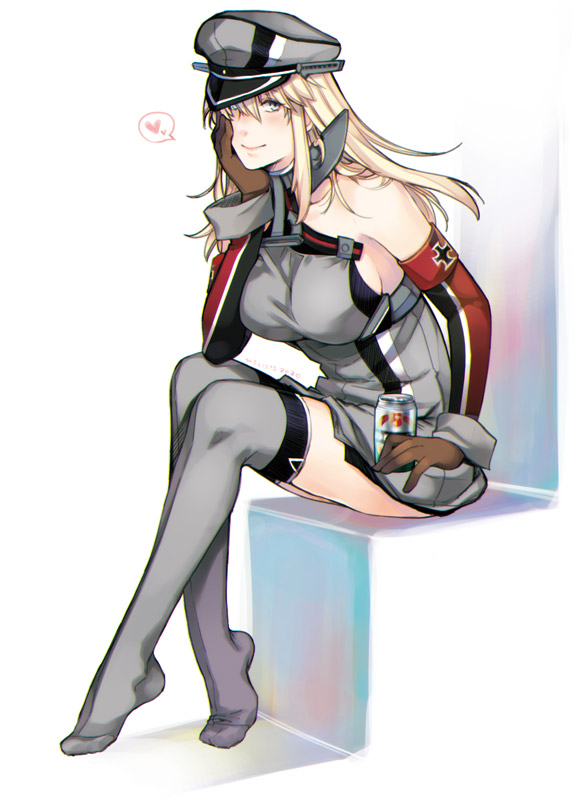 1girl bangs bismarck_(kantai_collection) blonde_hair blue_eyes blush breasts can chin_rest elbow_gloves gloves grey_legwear hair_between_eyes hat heart hiyoshi_hana holding holding_can iron_cross kantai_collection large_breasts long_hair military military_uniform no_shoes peaked_cap simple_background sitting sleeveless smile solo spoken_heart thigh-highs uniform white_background