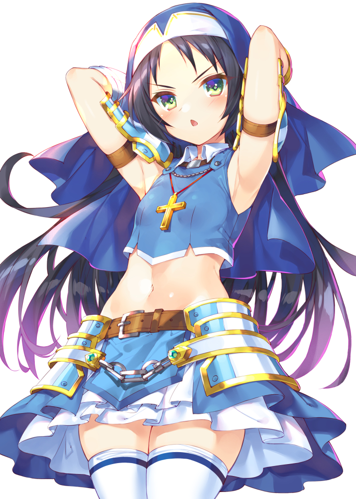 1girl armor armpits arms_behind_head arms_up bangs belt black_hair blue_shirt blue_skirt blush breasts brown_belt bucchake_(asami) chain chestnut_mouth collared_shirt commentary_request cosplay cowboy_shot crop_top cross cross_necklace faulds flat_chest frilled_skirt frills green_eyes groin habit hazuki_kurumi jewelry kaitou_tenshi_twin_angel layered_skirt long_hair looking_at_viewer midriff navel necklace ootomo_sourin_(sengoku_otome) ootomo_sourin_(sengoku_otome)_(cosplay) open_mouth parted_bangs sengoku_otome shirt shoulder_armor sidelocks simple_background skindentation skirt sleeveless sleeveless_shirt small_breasts solo standing thigh-highs twin_angel v-shaped_eyebrows vambraces veil white_background white_legwear zettai_ryouiki