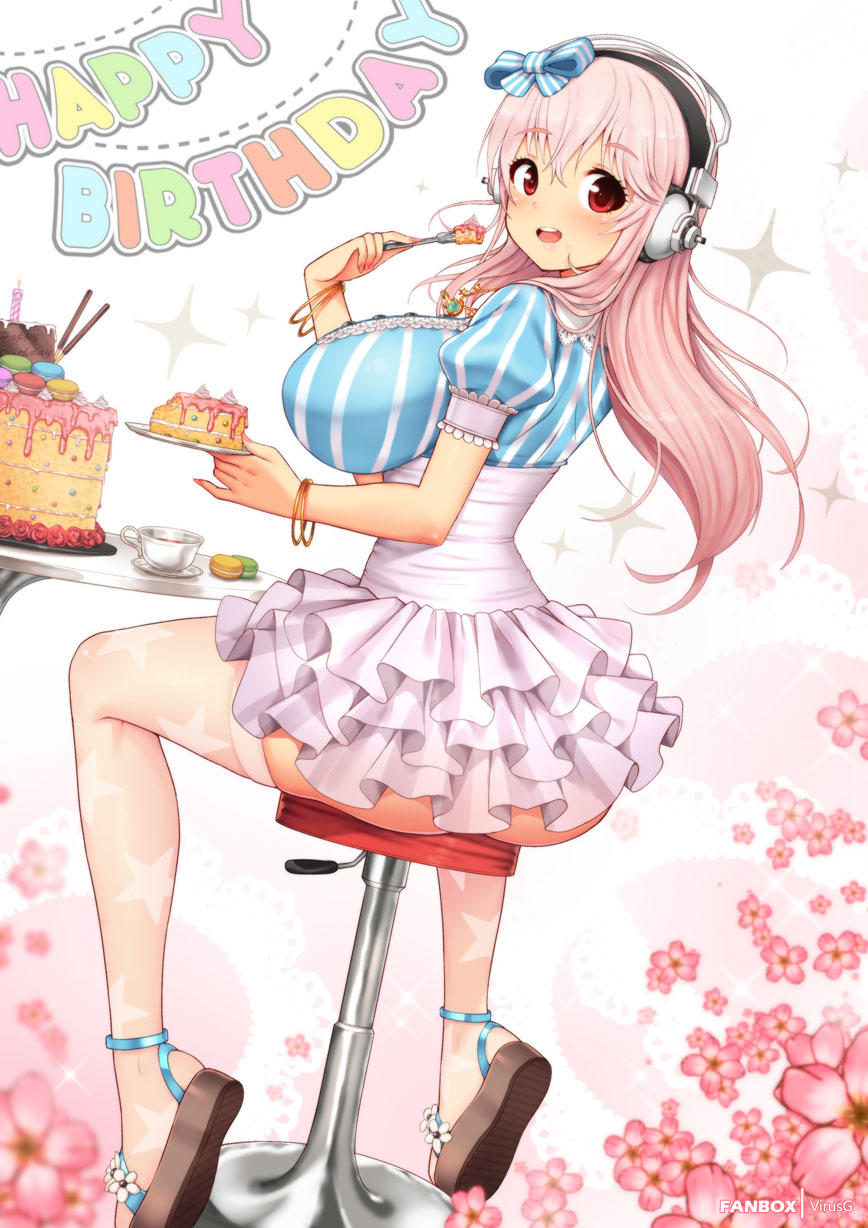 1girl birthday birthday_cake blush breasts cake cake_slice cup eyebrows_visible_through_hair food fork from_behind happy_birthday headphones highres large_breasts long_hair looking_at_viewer looking_back macaron nitroplus open_mouth pink_eyes pink_hair sandals sideways_glance solo star_(symbol) star_print super_sonico teacup thigh-highs very_long_hair virus-g