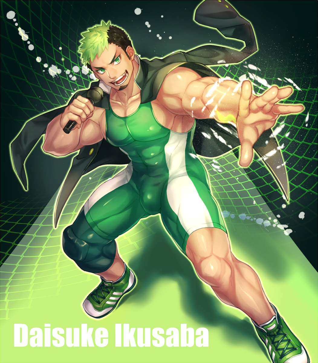 1boy bara bare_chest black_hair bulge character_name chest covered_abs dark_skin dark_skinned_male english_text facial_hair full_body goatee gozu_farm green_eyes green_hair highres holding holding_microphone jacket jacket_on_shoulders male_focus microphone multicolored_hair muscle shoes short_hair sideburns sneakers solo taurus_mask thick_thighs thighs tight tokyo_houkago_summoners two-tone_hair wrestling_outfit