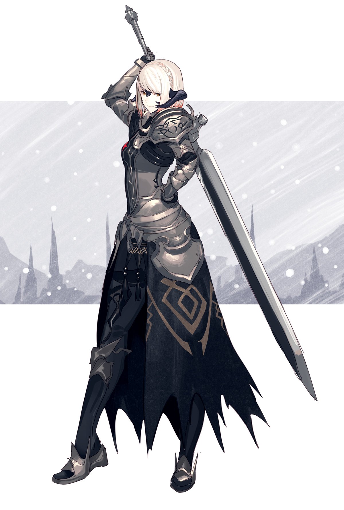 1girl armor au_ra black_legwear blonde_hair bob_cut braid breastplate closed_mouth crown_braid faulds final_fantasy final_fantasy_xiv full_body highres holding holding_sword holding_weapon horns km_yama looking_at_viewer pantyhose red_eyes short_hair smile solo sword waist_cape weapon