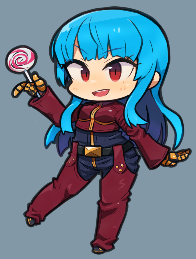 1girl blue_hair bodysuit candy chibi food full_body gloves ibara. kula_diamond lollipop long_hair red_eyes solo the_king_of_fighters tsurime