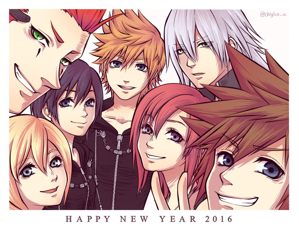 axel_(kingdom_hearts) black_coat_(kingdom_hearts) black_hair blonde_hair blue_eyes breasts brown_hair closed_mouth gloves green_eyes happy_new_year kairi_(kingdom_hearts) kingdom_hearts kingdom_hearts_358/2_days kingdom_hearts_ii long_hair looking_at_viewer multiple_boys multiple_girls new_year open_mouth redhead riku roxas short_hair silver_hair simple_background smile sora_(kingdom_hearts) spiky_hair white_background xion_(kingdom_hearts)