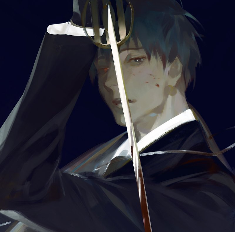1boy black_gloves blood blood_on_face bloody_hair bloody_weapon blue_eyes blue_hair cropped formal gloves heterochromia holding holding_sword holding_weapon male_focus original parted_lips red_eyes rei_(sanbonzakura) solo suit sword teeth upper_teeth weapon